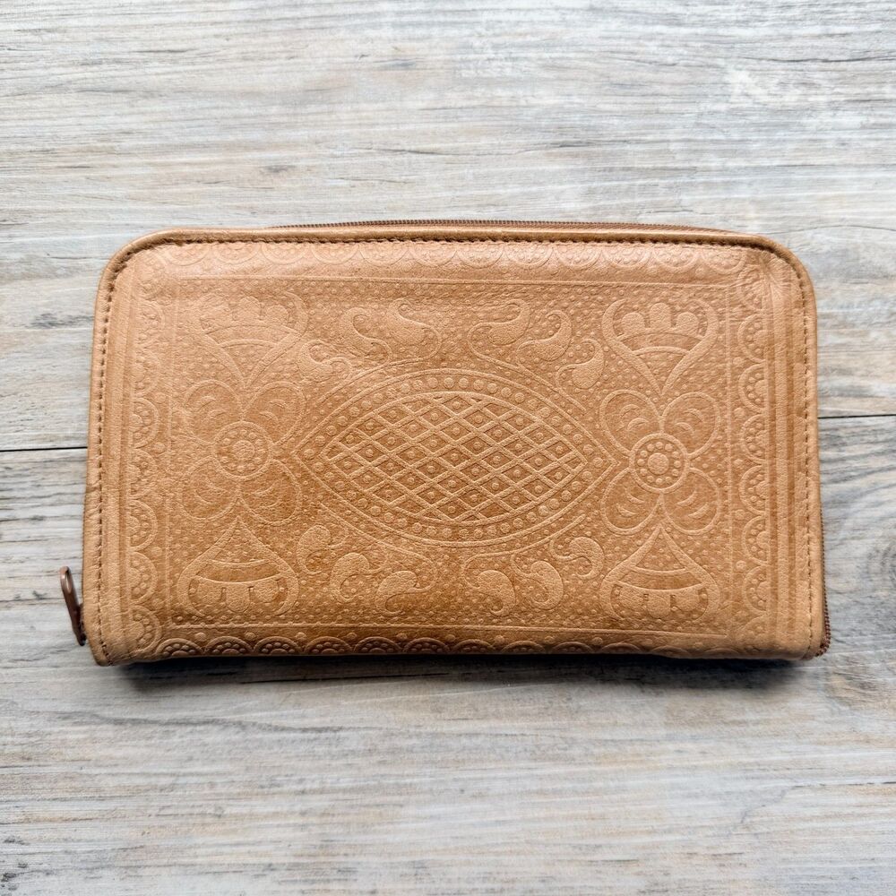Vintage Genuine Leather Tooled Wallet Boho Western Floral Zip Clutch Brown